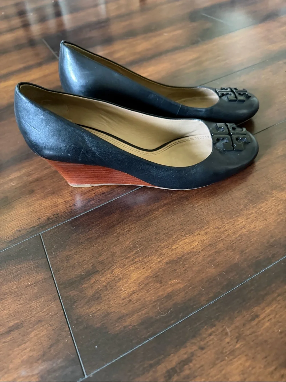 Tory Burch Black Leather Lowell 2 Wedges